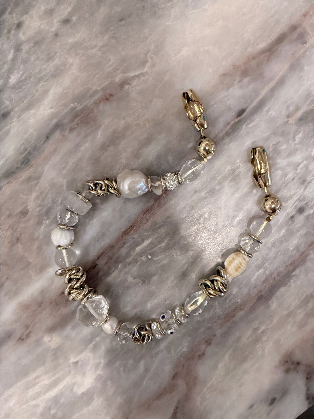 Ossou Pearl and Clear Bead Women's Bracelet - Silver Accents